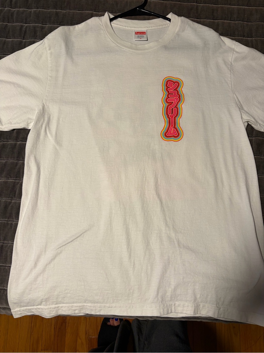 Supreme White Short-Sleeve Tee with Pink & Orange Vertical Logo